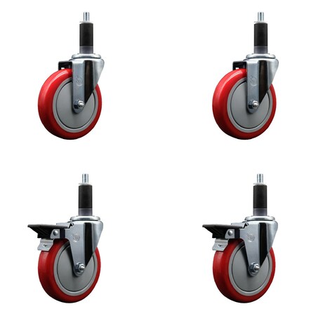 Service Caster 5'' Red Poly Wheel Swivel 1-1/8'' Expanding Stem Caster Set 2 Brakes, 4PK SCC-EX20S514-PPUB-RED-2-PLB-2-118